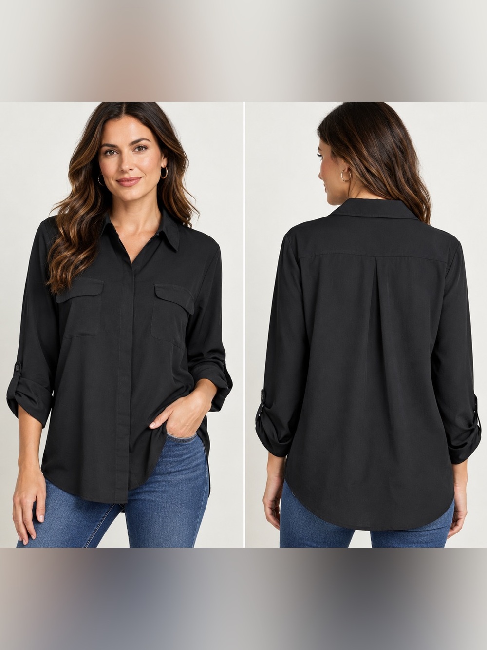Chico’s Size 1 Black Utility Button Up Shirt Roll Tab Sleeve Pocket Blouse